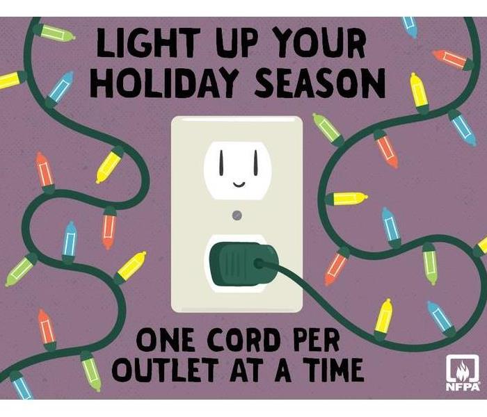 words "Light up your holiday season, one cord per outlet at a time" Image is christmas lights and a cartoon wall outlet. 